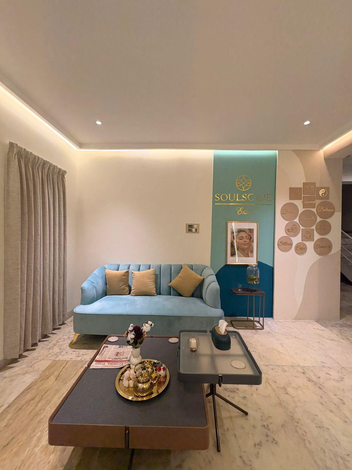 Lounge at Soulscape Elite with a pale blue sofa